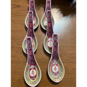 Vintage Chinese Porcelain Rose Soup Spoon Set of 6